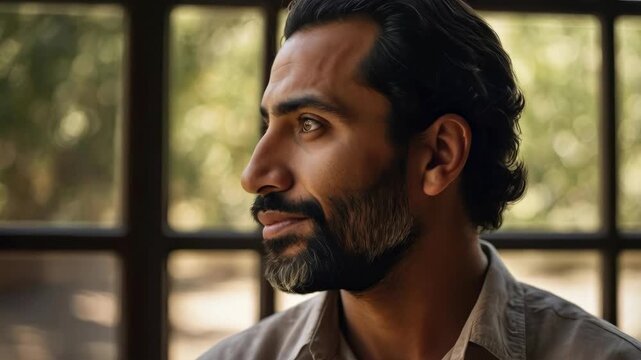 Bearded Man Side Profile Portrait Gazing Through Window Thoughtful Adult Male Beard Conversational