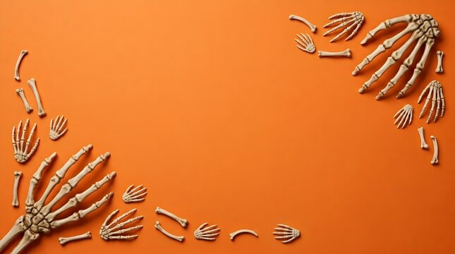 Skeleton Hand and Bone Frame on Orange Background &ndash; Halloween or Anatomy Concept