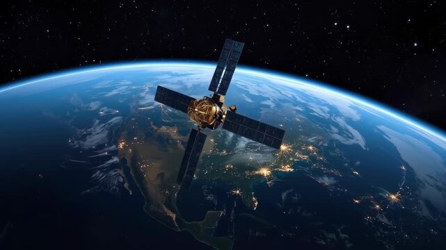 Satellite Orbiting Earth Above Illuminated Cities, Planetary Space and Astronomy Night View
