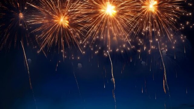 Firework Night Celebration with Golden Sparkle Display Across Dark Blue Festive Sky