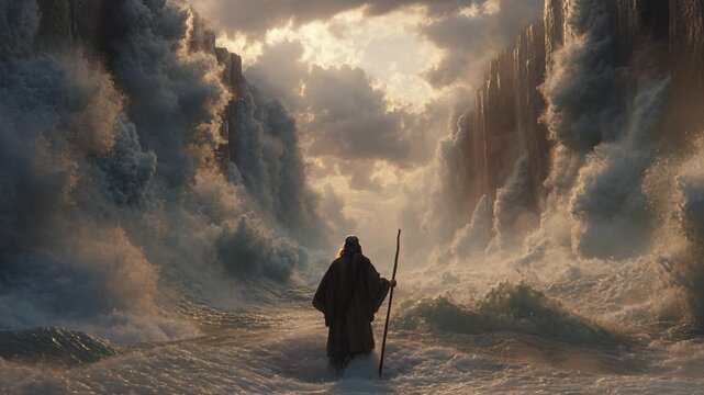 Cinematic view of biblical prophet Moses holding a wooden staff walking on a dry seabed between towering walls of turbulent water as the red sea parts under cloudy skies
