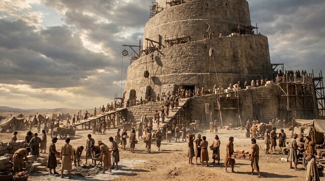 Ancient masons and builders carrying stone bricks at base of giant Tower of Babel, Tower of Babel Old Testament biblical scene in desert landscape.