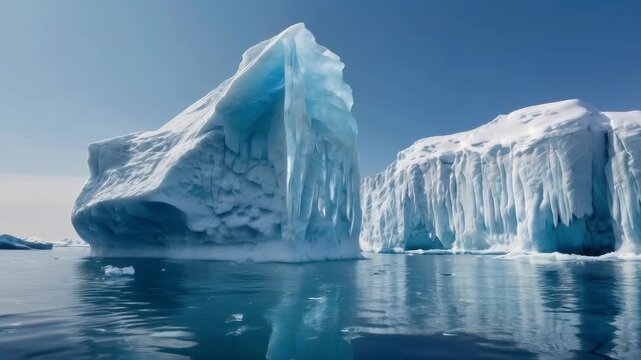Iceberg Glacier Reflection Across Calm Polar Ocean Landscape Under Clear Blue Sky