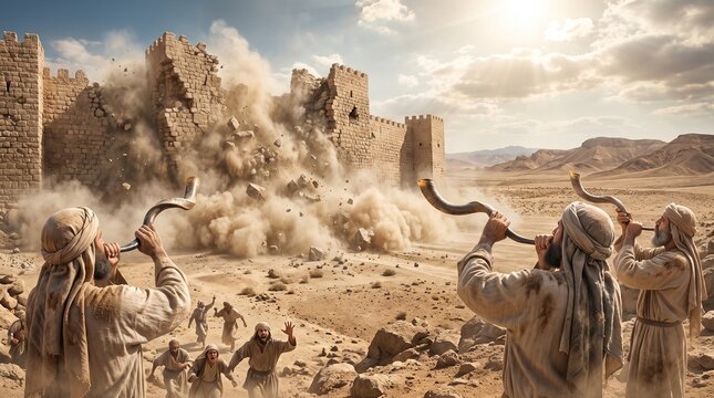 Israelite priests sounding shofars as fortified stone walls of Jericho crumble into dust clouds, Battle of Jericho Old Testament biblical scene in desert.