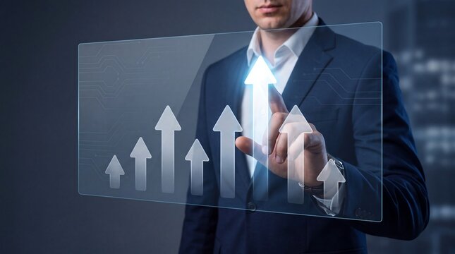 Business professional overlaid with digital growth charts and city skyline background