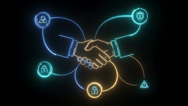 Neon glowing handshake between two people in dark background