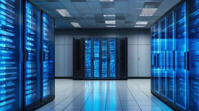 Blue Light Server Room with Computer Rack Corridor, Data Center Technology Network Infrastructure
