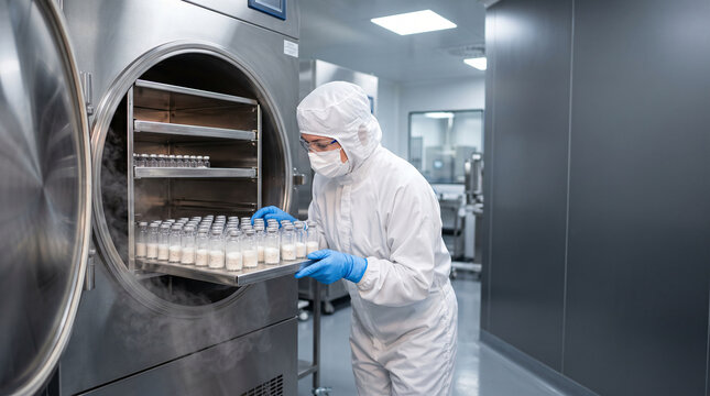 Pharmaceutical Cleanroom Technician Loading Vaccine Vials into Industrial Freeze Dryer