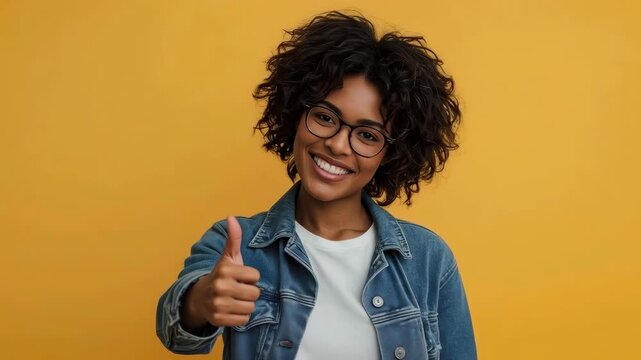 Smiling Young Woman Giving Thumbs Up Portrait Against Orange and Yellow Background