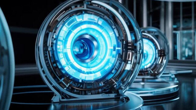 Futuristic Metallic Machine with Glowing Blue Circular Core in High Tech Laboratory Portal