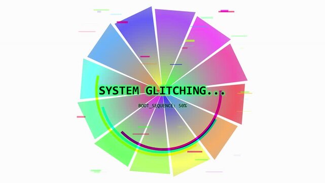System glitching text on glitch art radial circle.