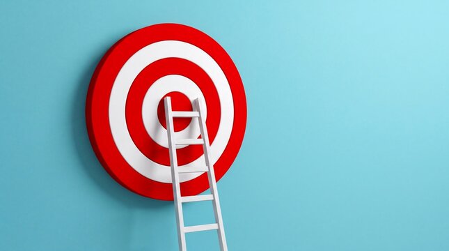 Reaching the goal concept with a ladder and a red target on a blue wall