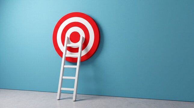 Ladder leading to a colorful target on a blue wall representing achievement