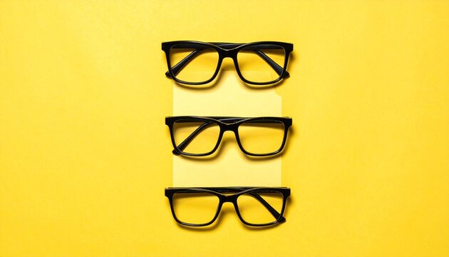 Overhead view of black square eyeglass frames on yellow background
