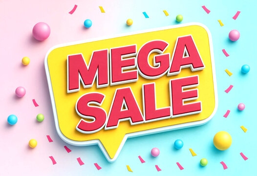 Bright and colorful mega sale promotional banner with bold text and confetti decorations perfect for advertising