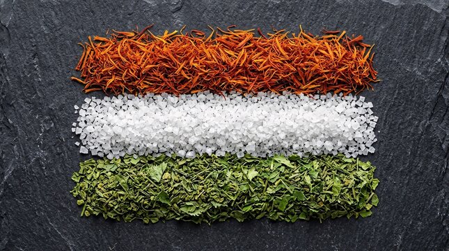 Tricolor spices of saffron salt and green herbs arranged on dark stone background
