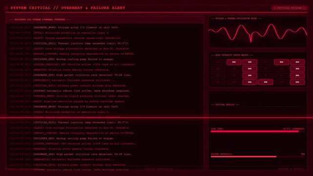 System critical failure overheat alert red warning terminal screen.