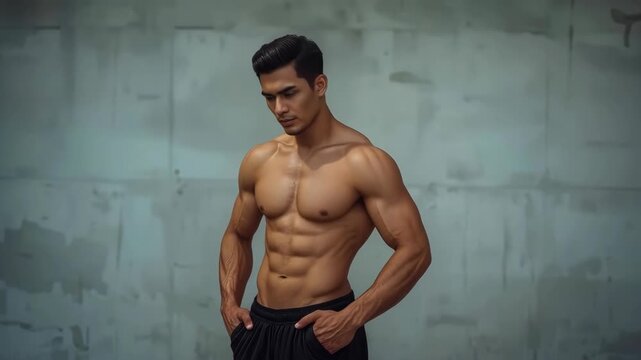 Muscular Shirtless Man Posing Against Concrete Wall in Industrial Studio with Confident Expression