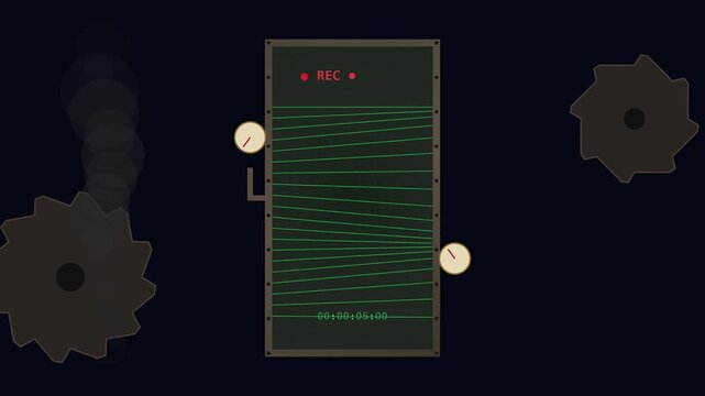 Vertical industrial recording panel with waveforms and gears.