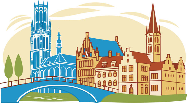 Panoramic Bruges skyline and Belfry landmark vector illustration for travel souvenirs