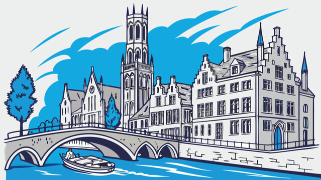 Minimalist Bruges Belgium city skyline vector outline for European travel design