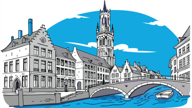 Bruges vector skyline silhouette with historical Belgium cityscape illustration