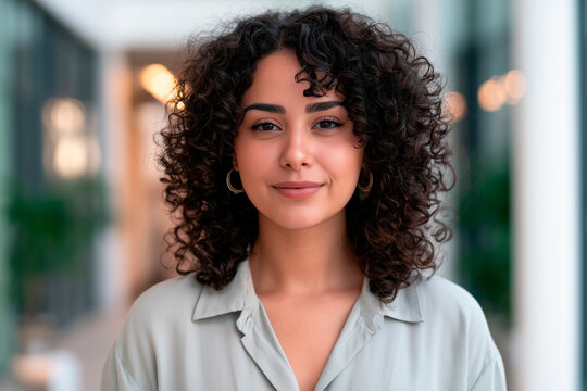 Beautiful latin or muslim arabian young woman businesswoman with curly hair looking at camera indoors in office, lifestyle portrait. Indian girl teenager student smiling standing in university campus
