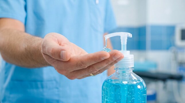 Healthcare worker sanitizing hands with pump dispenser in a medical facility