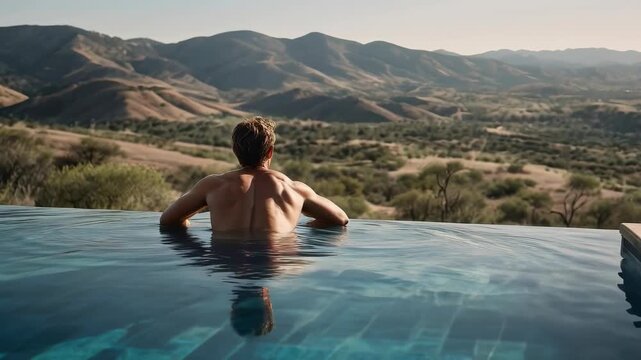 Man Swimming in Infinity Pool Amid Scenic Outdoor Mountain Landscape Views