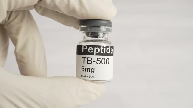 Scientist holding peptide tb-500 vial on white background