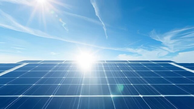 Solar Panel Array Beneath Bright Sun and Blue Sky Promoting Renewable Solar Energy Sustainability