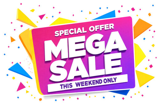Colorful mega sale promotional banner with vibrant geometric shapes and bold text announcement