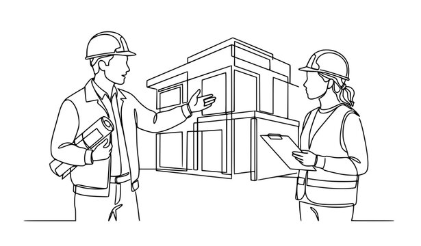 Young construction manager talking to builder coordinator continuous line vector illustration