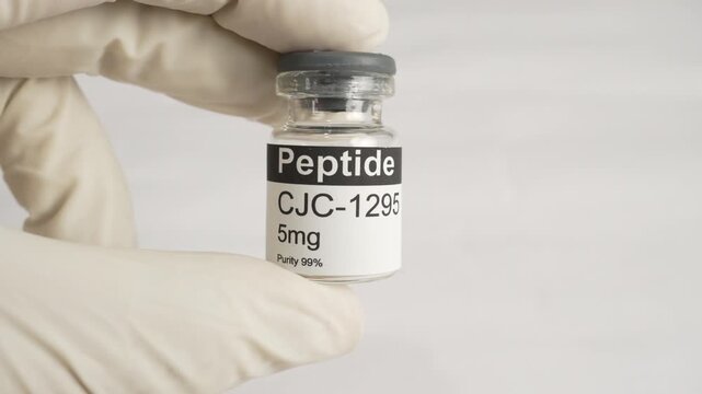 Scientist holding a glass vial of peptide cjc-1295