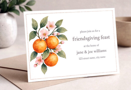 Elegant watercolor invitation card with oranges and flowers for a friendly feast event