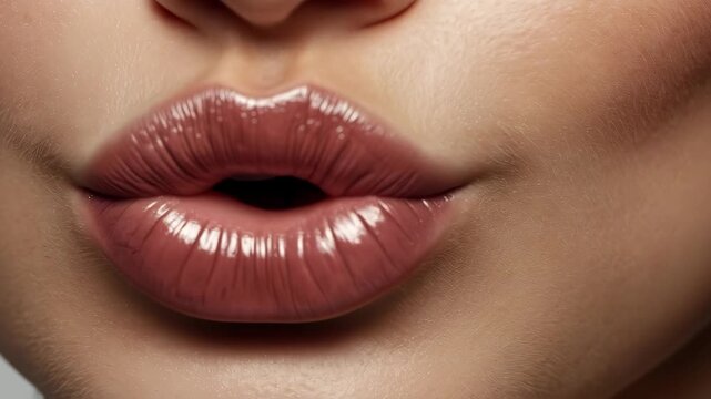 Glossy Natural Lip Beauty Closeup with Smooth Texture, Soft Highlights and Gentle Smile Details