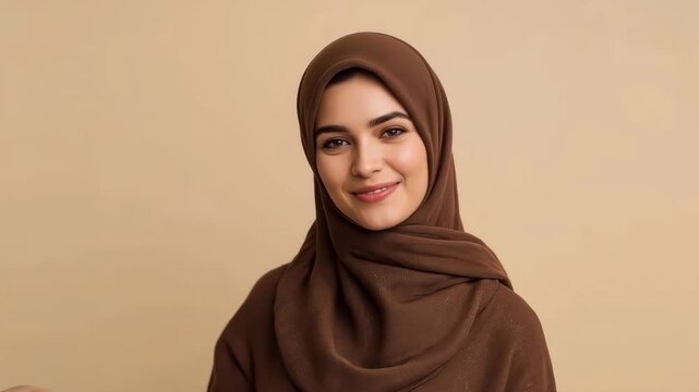 Smiling Muslim Woman Waving in Brown Headscarf Against Beige Background with Raised Hand