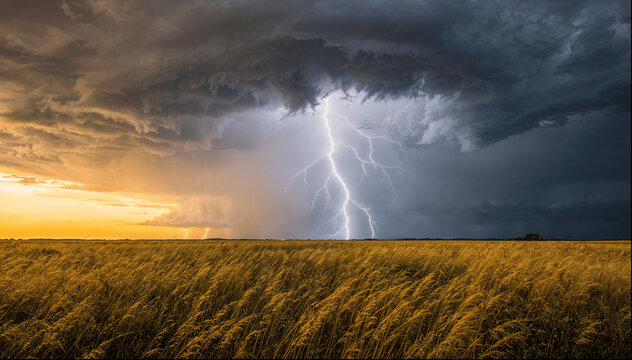Storm Front Over Farm Field with Forked Lightning and Sunset-Streaked Clouds