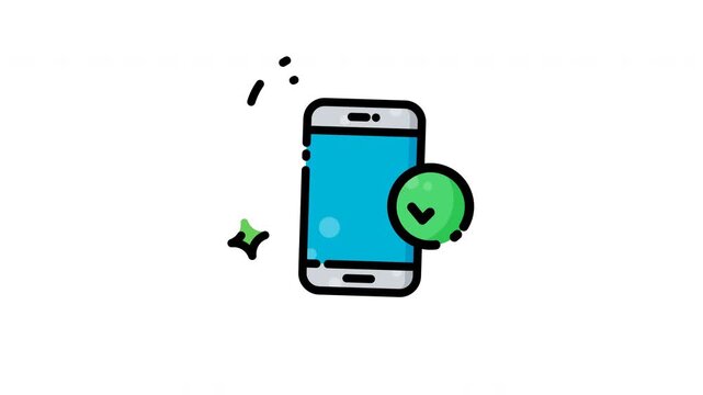 Animated smartphone verification concept with modern blue icon and green checkmark suitable for technology websites, apps, security services, and online verification systems.