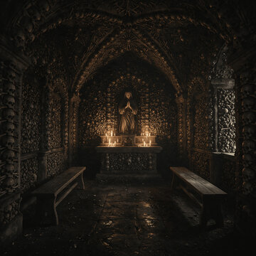 Ossuary Chapel Interior with Skull-Covered Walls and Candlelit Altar