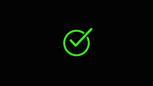 Green check mark animation. Yes tick. Correct check mark symbol. Yes sign. Correct vote icon on black background. Animated green tick concept.