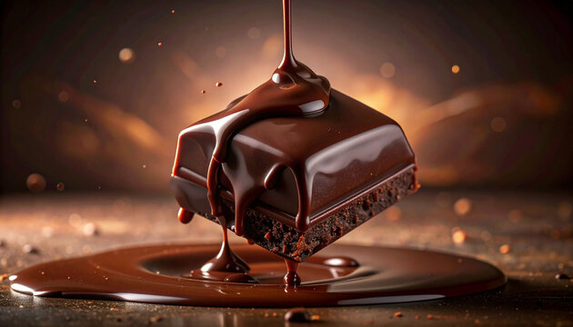A delectable piece of dark chocolate being generously drizzled with rich, melted chocolate, creating a tempting puddle on a warm, inviting surface.