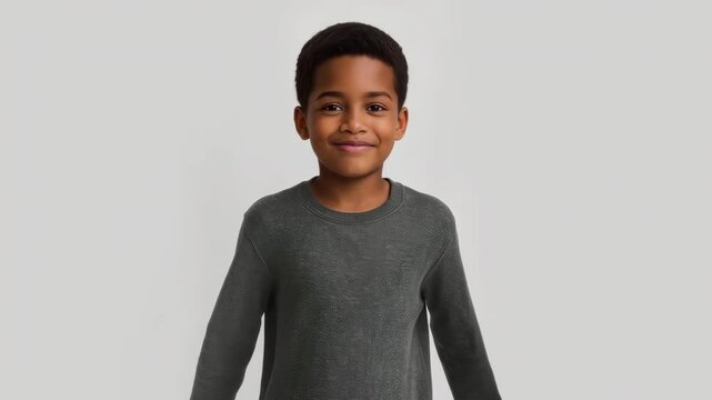 African Boy Portrait Child With Smile Wearing Gray Sweater, Folded Arms Studio Background