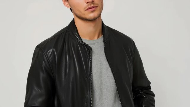 Black Leather Jacket and Gray Shirt on Young Man, Cropped Studio Portrait Against Neutral Background