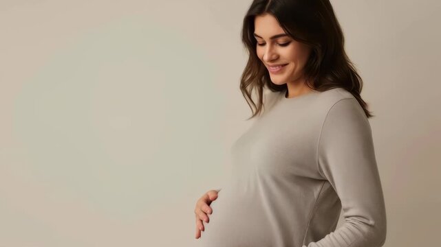 Pregnant Woman Touching Belly with Gentle Smile, Studio Portrait Maternity Pregnancy Expecting