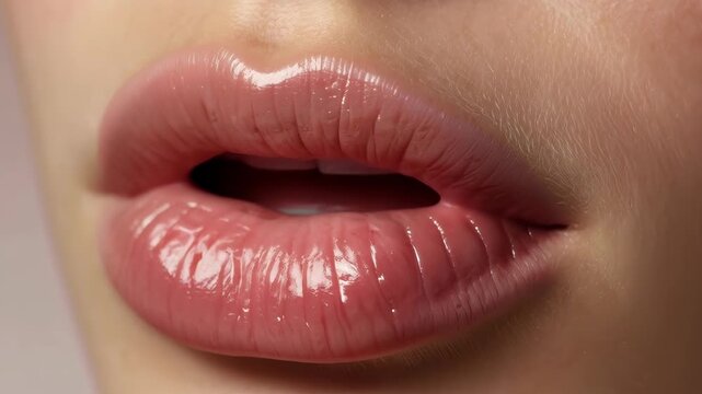 Glossy Pink Lip Closeup with Parted Mouth, Smooth Skin, Natural Texture and Beauty Makeup Glow