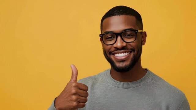 Smiling Adult Man Portrait Giving Thumbs Up Against Bright Yellow Background Pose