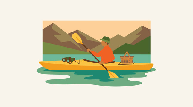 Person kayaking on a lake with mountains and a picnic basket, flat design vector illustration