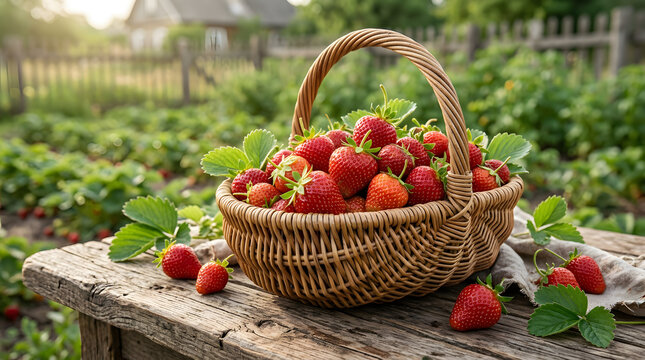 Wicker basket full of freshly picked ripe red strawberries on a wooden table in a garden setting