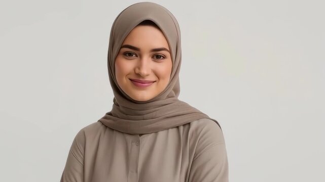 Young Adult Woman in Hijab and Modest Clothing Portrait with Folded Arms and Neutral Blouse